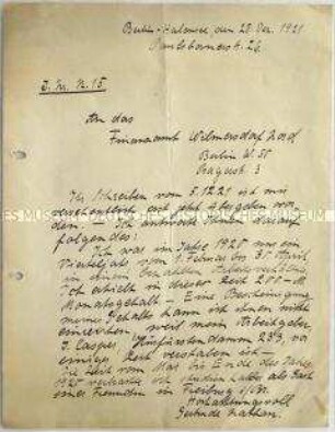 Handschriftliches Schreiben an das Finanzamt zum Einkommen im Jahr 1920 - Nachlass
