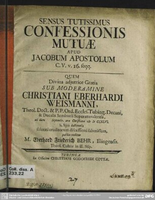 Sensus Tutissimus Confessionis Mutuae Apud Jacobum Apostolum C. V. v. 16. seqq.