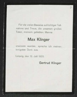 Brief von Gertrud Klinger an Gerhart Hauptmann