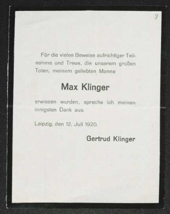 Brief von Gertrud Klinger an Gerhart Hauptmann