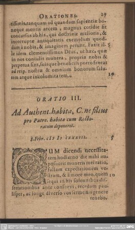 Oratio III. Ad Authent. habita C. ne filius pro Patre habita cum Rectoratum deponeret