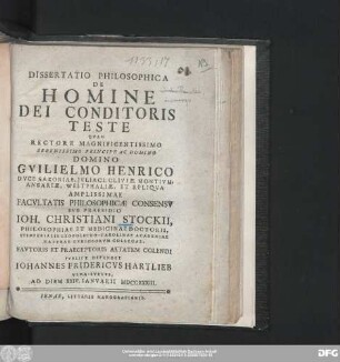 Dissertatio Philosophica De Homine Dei Conditoris Teste