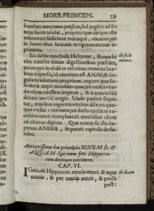 Antiquissima duo principia Ignem so. & Aquam Spiritum sive Hippocratem divinum continere. Cap. VI.