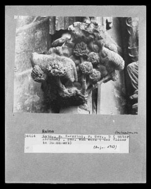 Südliches Westportal — Südliches Gewände — Konsolfigur der 5. Figur, Widder im Buschwerk
