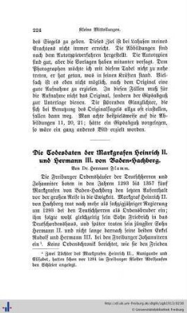 Die Todesdaten der Markgrafen Heinrich II. und Hermann III. von Baden-Hachberg.
