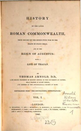 History of the later Roman Commonwealth, from the end of the second Punic War to the death of Julius Caesar and of the Reign of Augustus, 1