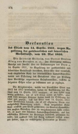 Declaration des Edicts vom 14. Septbr. 1811, wegen Regulirung der gutsherrlichen und bäuerlichen Verhältnisse, vom 29. Mai 1816