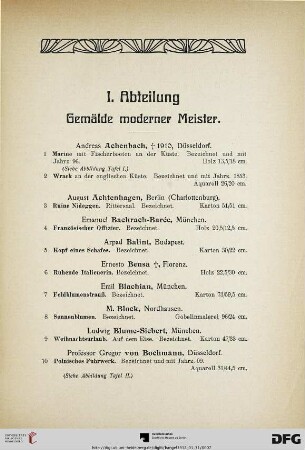 I. Abteilung: Gemälde moderner Meister (Nr. 1-126)