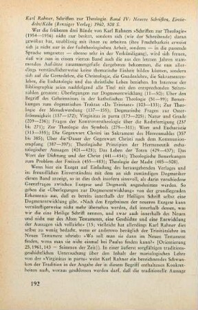 192-193 [Rezension] Rahner, Karl, Neuere Schriften