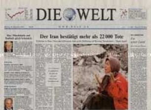 Fragment der Tageszeitung "Die Welt" zum Erdbeben im Iran