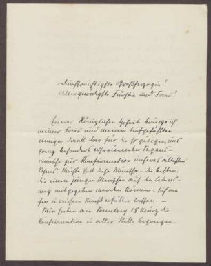 Schreiben von Otto Frommel an die Großherzogin Luise; Konfirmation des ältesten Sohnes Wolfgang Frommel