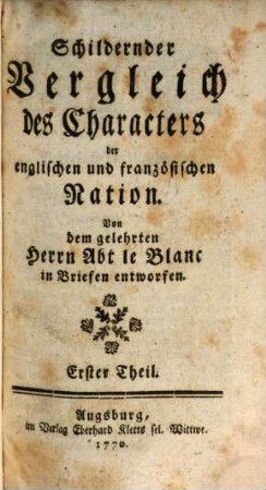 Schildernder Vergleich des Characters der englischen und französischen Nation, 1