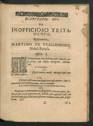 Disputatio XVI. De Inofficioso Testamento. Respondente Martino De Wallenrodt