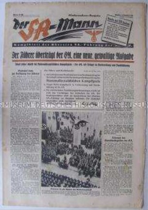Wochenzeitung "Der SA-Mann" zur Schaffung der "Nationalsozialistischen Kampfspiele" unter der Obhut der SA und zum Bürgerkrieg in Spanien