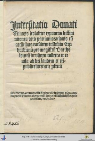 Interpretatio Donati Minoris scolastice exponens diffininitones octo partiumorationis ...