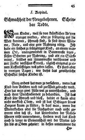 I. Kapitel. Schwachheit der Neugebohrnen. Scheinbar Todte.