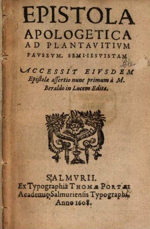 Epistola apologetica ad Plantavitium Pauseum ... Semijesuitam