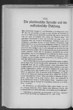 VIII. Die plattdeutsche Sprache und die volkstümliche Dichtung.