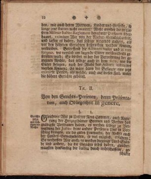 Tit. II. Von den Gerichts-Personen, deren Präsentation, auch Obliegenheit in genere.