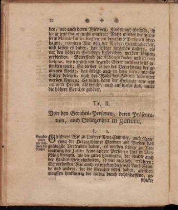 Tit. II. Von den Gerichts-Personen, deren Präsentation, auch Obliegenheit in genere.