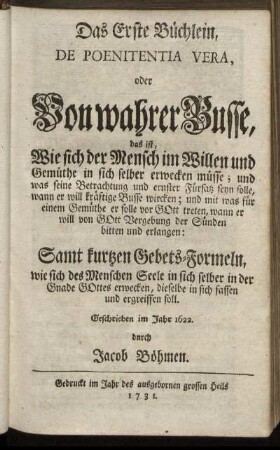 Das Erste Büchlein, De Poenitentia Vera, oder Von wahrer Busse.
