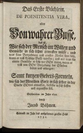 Das Erste Büchlein, De Poenitentia Vera, oder Von wahrer Busse.
