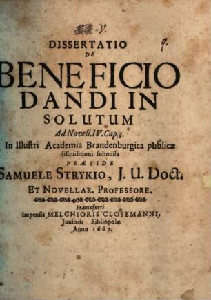 Diss. de beneficio dandi in solutum ...