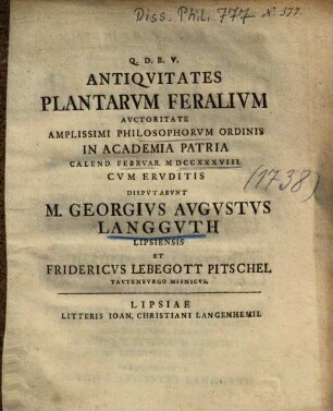 Antiqvitates Plantarvm Feralivm