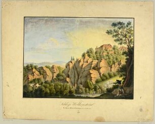 Die Burg (Schloss) Wolkenstein über der Zschopau im Erzgebirge von Süden, im Vordergrund Jagdszene