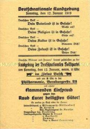 Wahlflugblatt der DNVP mit einem Aufruf zu einer Kundgebung
