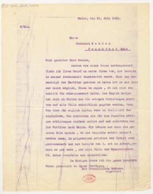 Brief an Bernhard Sekles : 25.07.1925