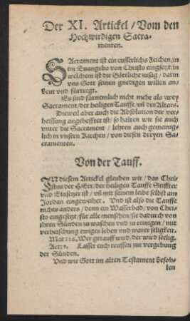Der XI. Artickel/ Vom den hochwirdigen Sacramenten.
