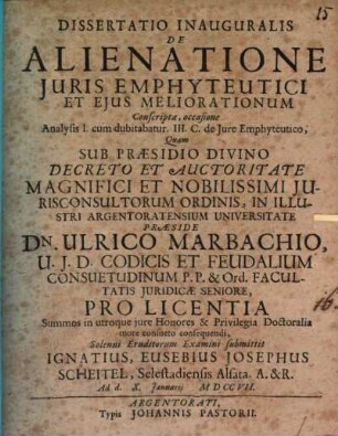 Diss. inaug. de alienatione iuris emphyteutici et eius meliorationum
