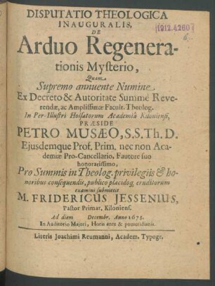 Disputatio Theologica Inauguralis, De Arduo Regenerationis Mysterio
