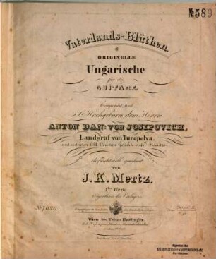 Vaterlands-Blüthen : originelle Ungarische ; für die Gitarre ; 1tes Werk