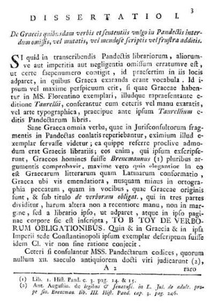 Dissertatio I. De Graecis quibusdam verbis et sententiis vulgo in Pandectis interdum omissis, vel mutatis, vel mendose scriptis vel frustra additis.