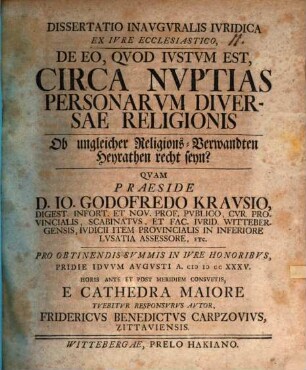Diss. inaug. ... de eo quod iustum est circa nuptias personarum diversae religionis