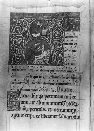 Missale, Ms. 114, folio 35 verso, Initiale A(d te levavi) mit Messopfer und Erschaffung der Eva, Text mit Neumen