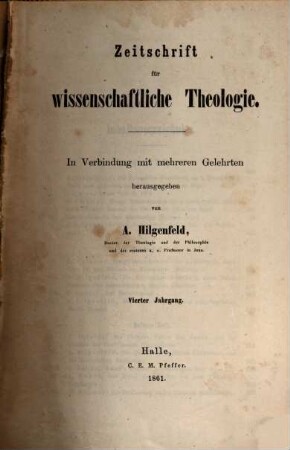 Zeitschrift für wissenschaftliche Theologie. 4. 1861