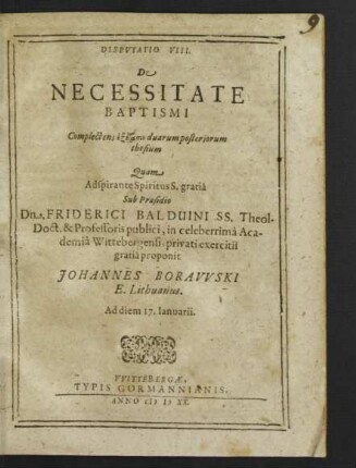 Disputatio VIII. De Necessitate Baptismi