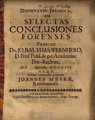 Disputatio Juridica, qua Selectas Conclusiones Forenses