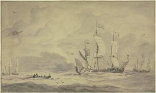 Ein Dreimaster nach rechts segelnd, dahinter ein Ruderboot
