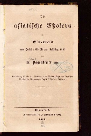 Die asiatische Cholera in Elberfeld vom Herbst 1849 bis zum Frühling 1850