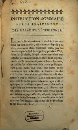 Instruction Sommaire Sur Le Traitement Des Maladies Vénériennes Dans Les Campagnes : Lue dans la Séance tenue au Louvre par la Société Royale de Médicine le 12 Septembre 1786