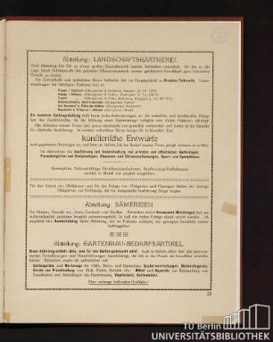 Abteilung: Landschaftsgärtnereien. Abteilung: Sämereien. Abteilung: Gartenbau-Bedarfsartikel.