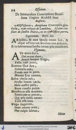 Officium De Immaculata Conceptione Beatissimae Virginis Mariae.