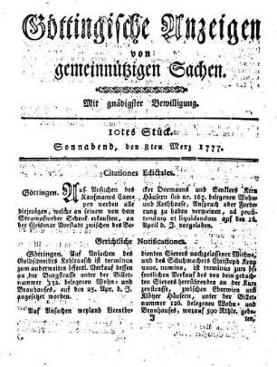 10tes Stück. Sonnabend, den 8ten Merz 1777.