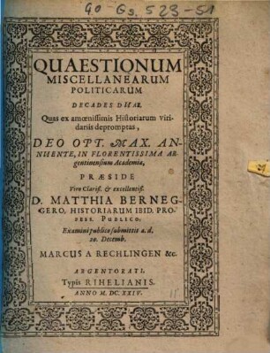 Quaestionum Miscellanearum Politicarum Decades Duae