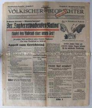 Titelblatt der Nationalsozialistischen Tageszeitung "Völkischer Beobachter" u.a. zu einer Rede Hitlers im Berliner Sportpalast