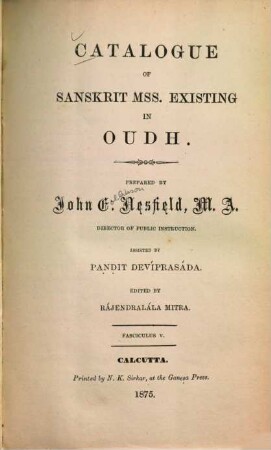 A catalogue of Sanskrit manuscripts existing in Oudh, 5.